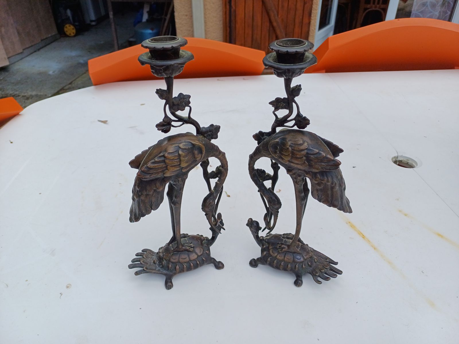 Pair Of Bronze Candlesticks 19th Cranes And Turtles