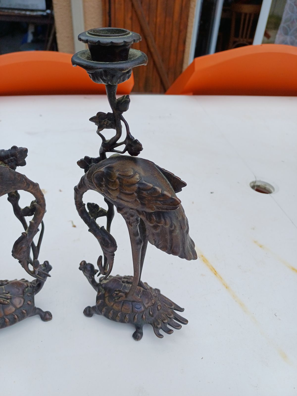 Pair Of Bronze Candlesticks 19th Cranes And Turtles photo buy