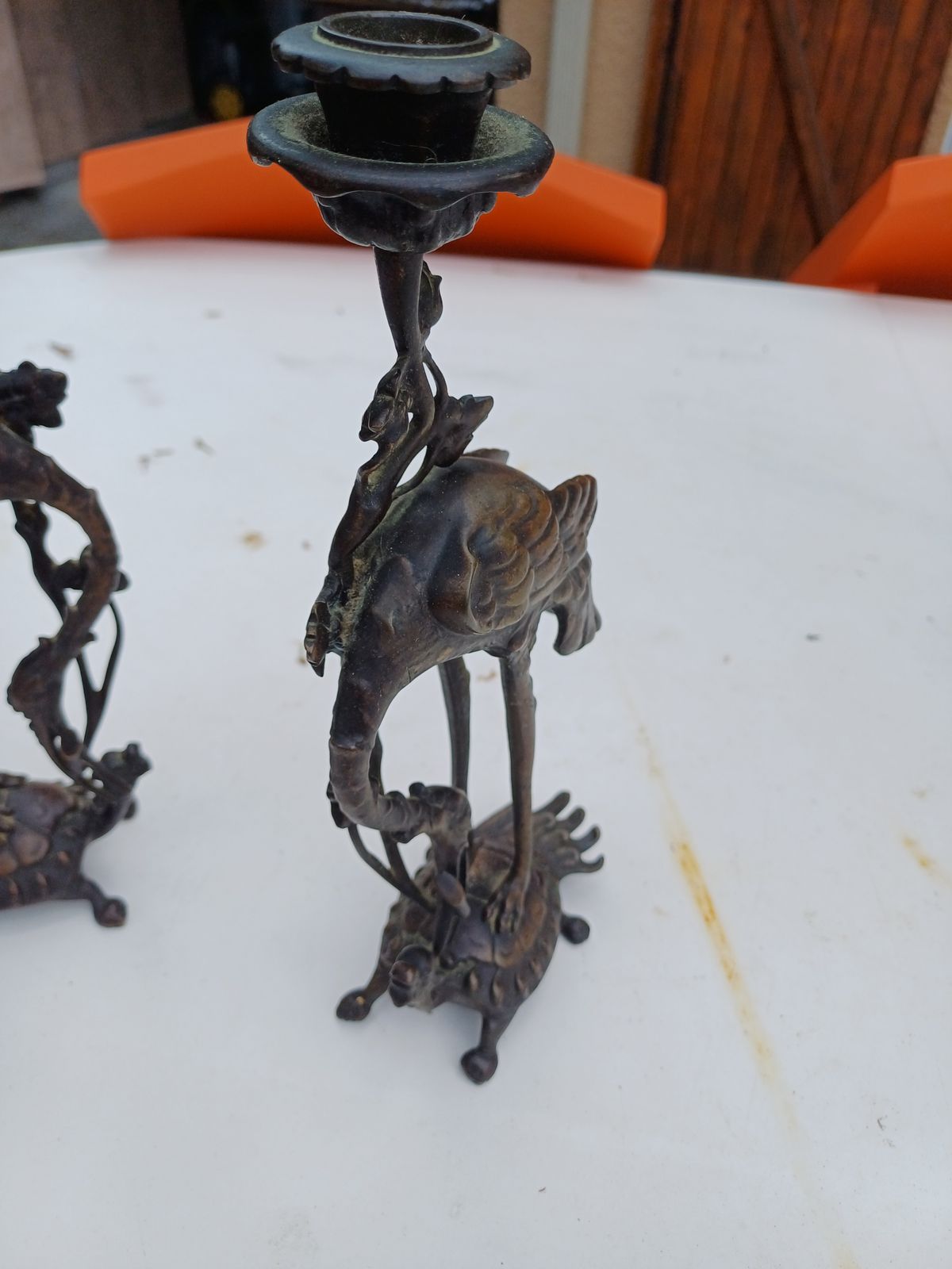 Pair Of Bronze Candlesticks 19th Cranes And Turtles photo vintage