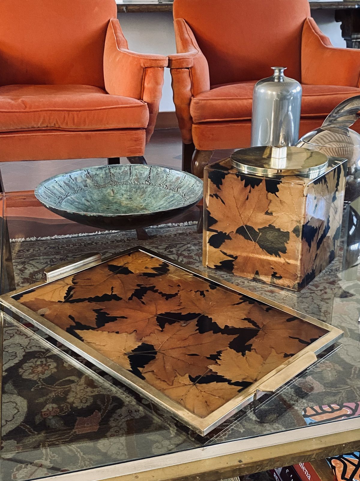 Hollywood Regency Brass And Leaves Resin Tray, Montagnani Firenze Italy 1970s photo 750.0