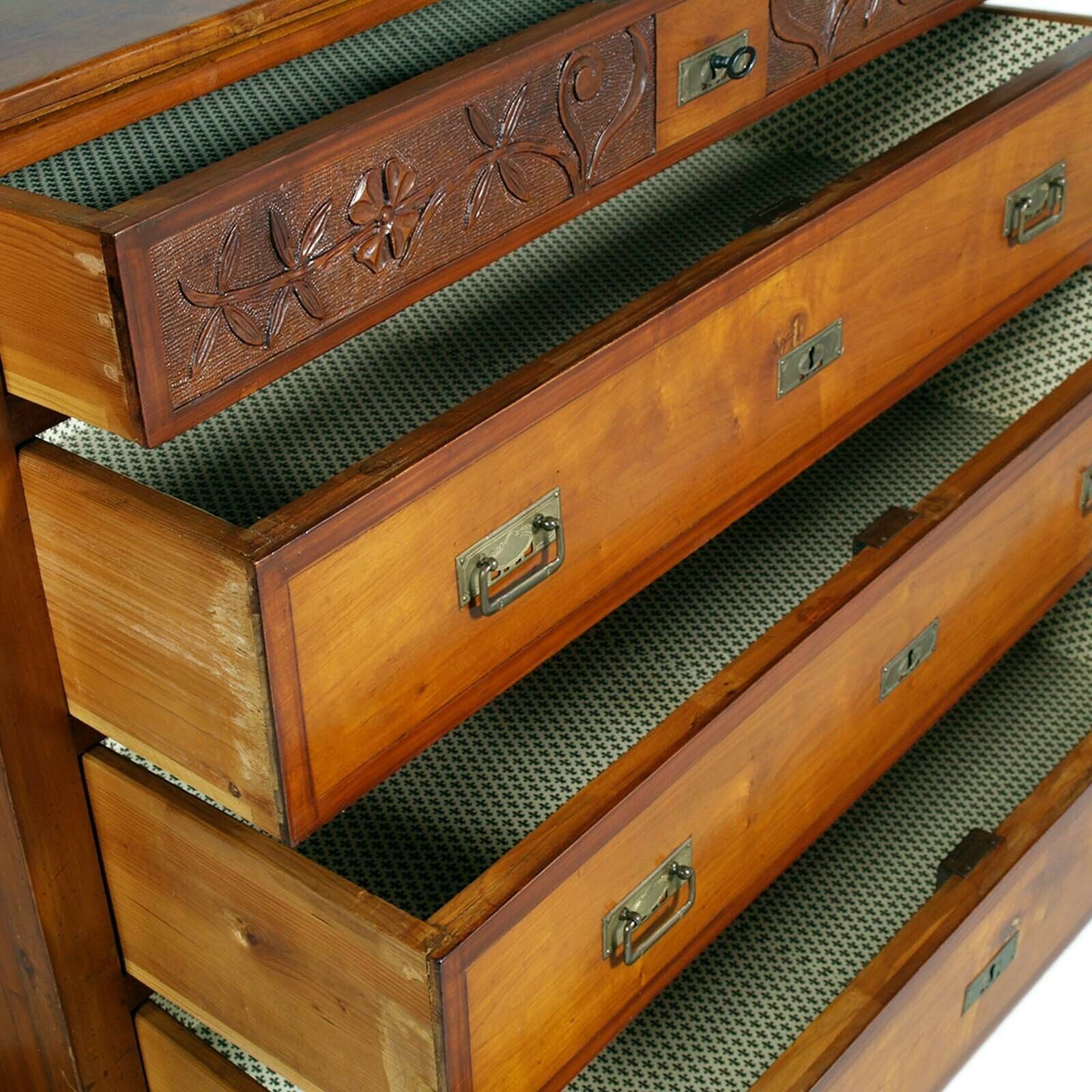 Commode Art Nouveau In Walnut With Mirror , Four Drawers, Carved, Restored,  Wax Polished photo Furniture
