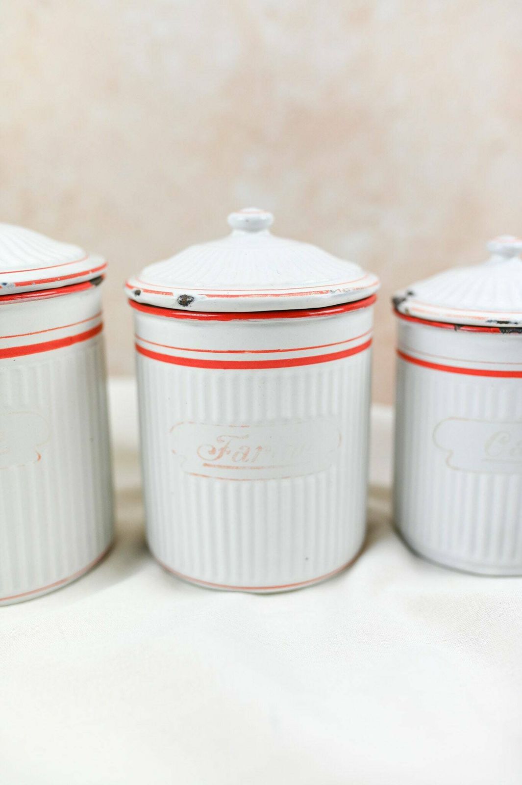 Vintage French Enamel Canisters, Set Of 5, Enamel Pots, Made By Bb In Eastern Europe, Ca 1920s photo Home Decor