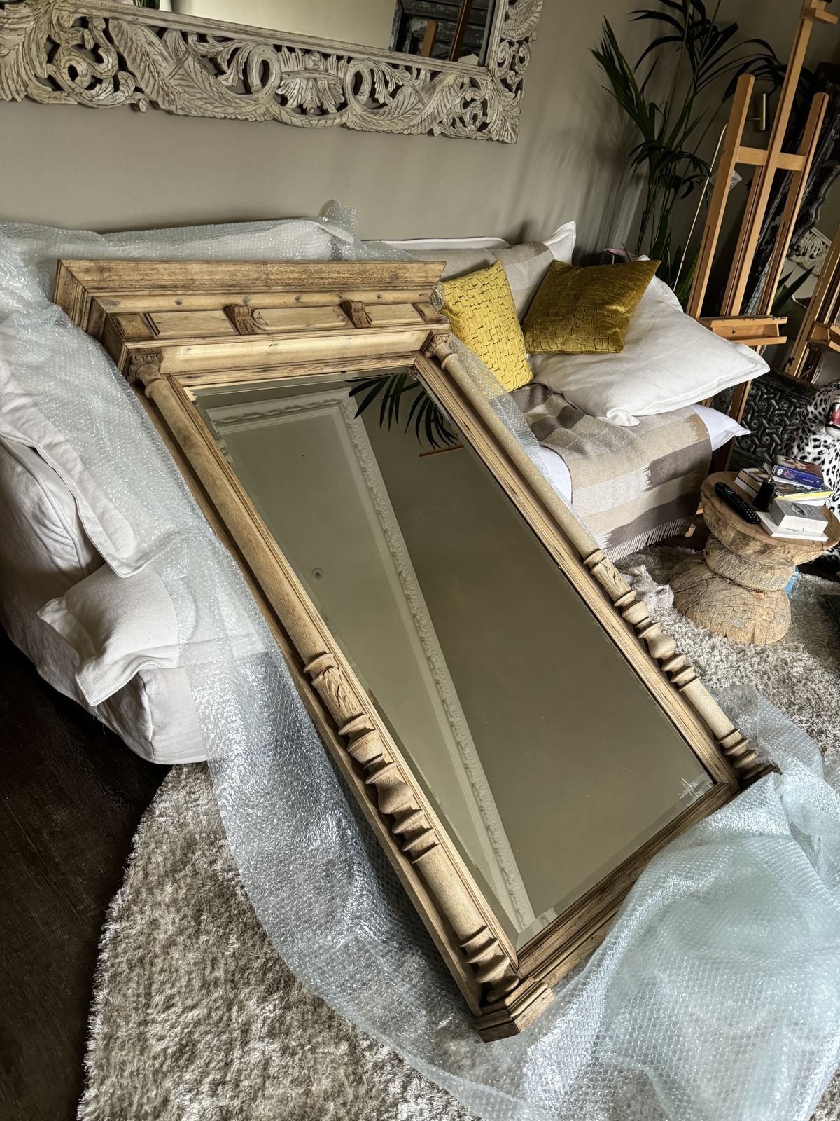 Antique Bleached Oak Mirror W/ Original Bevelled Glass. 1890s. photo furniture