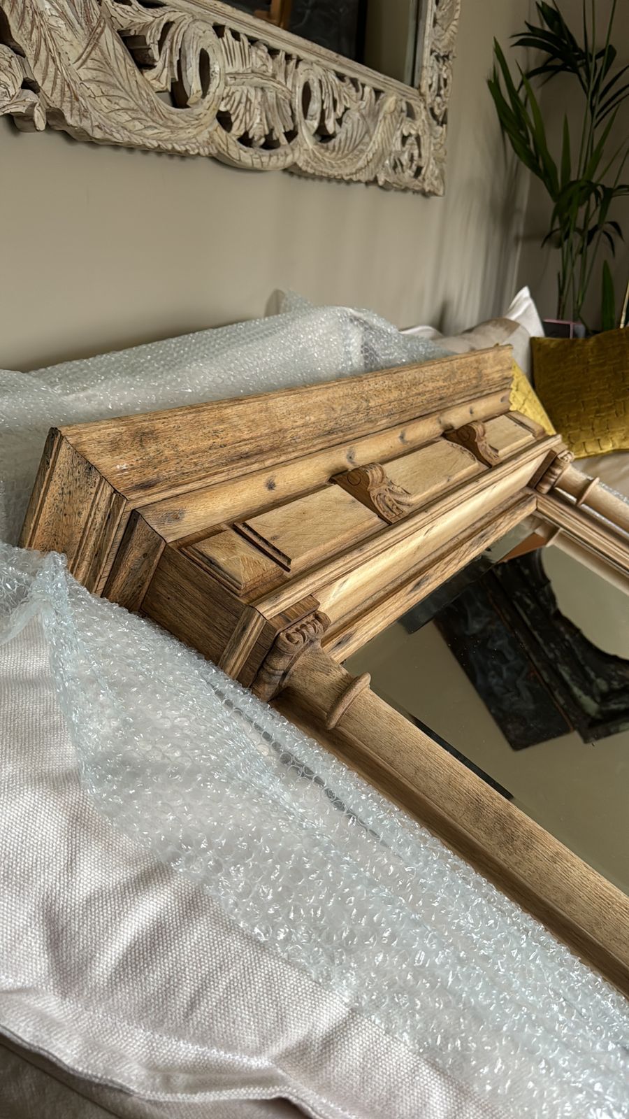 Antique Bleached Oak Mirror W/ Original Bevelled Glass. 1890s. photo 750.0