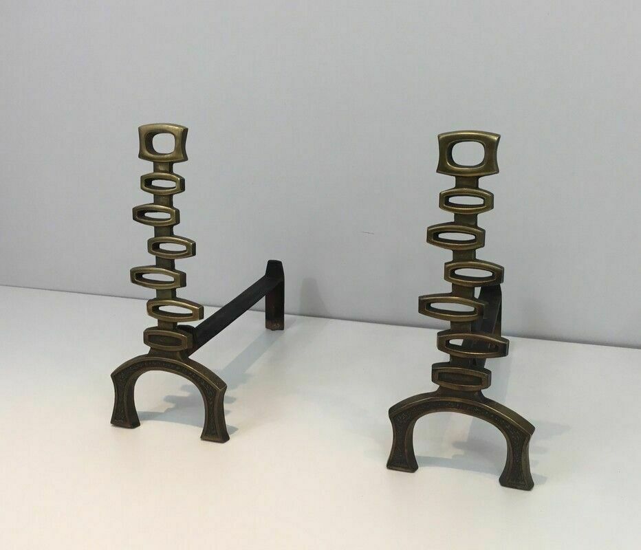 Pair Of Modernist Brass Andirons photo for sale