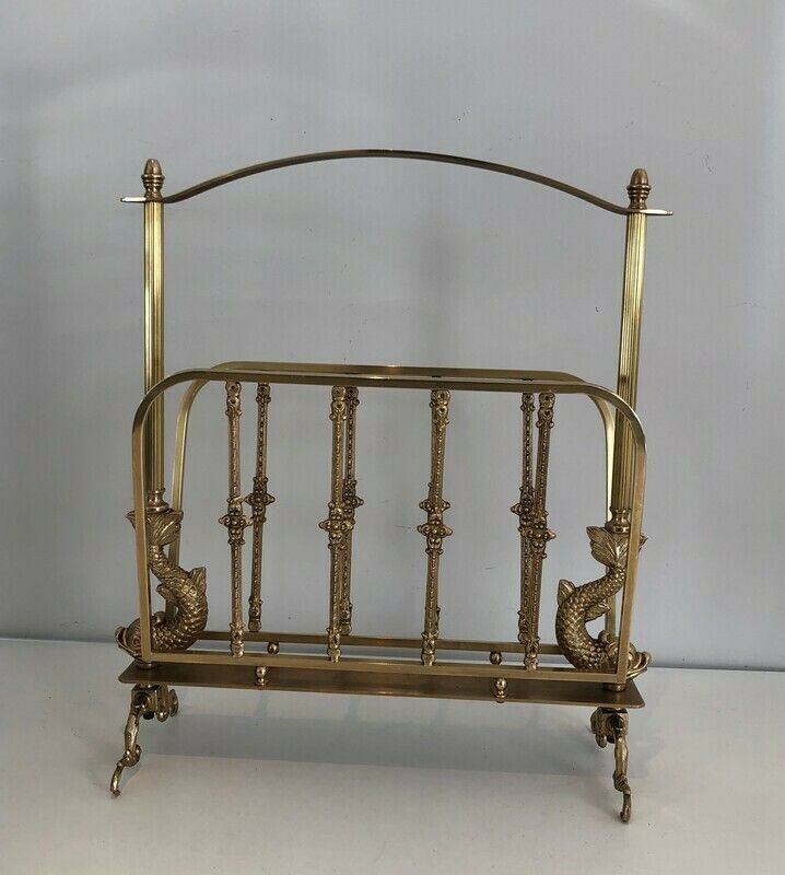 Maison Jansen. Neoclassical Style Brass Magazine Rack With Dolphin Heads. French. Circa 1940 photo for sale