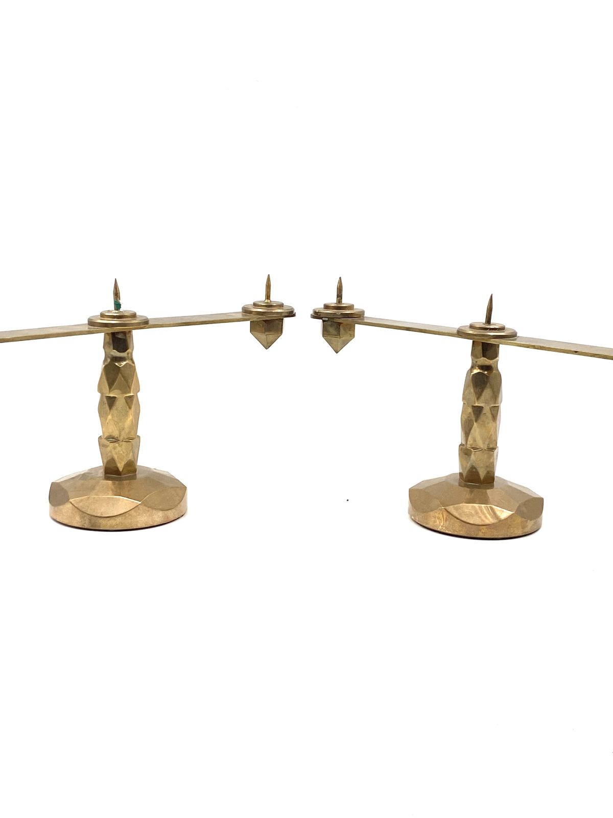 Brutalist Brass Pair Of Candle Holders, France 1970 photo vintage
