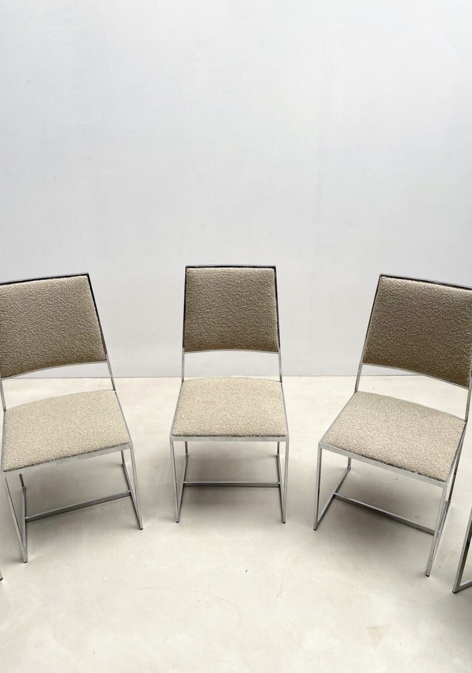Mid Century Modern Set Of 5 Chairs Willy Rizzo Style, Chrome And Boucle Fabric photo Furniture