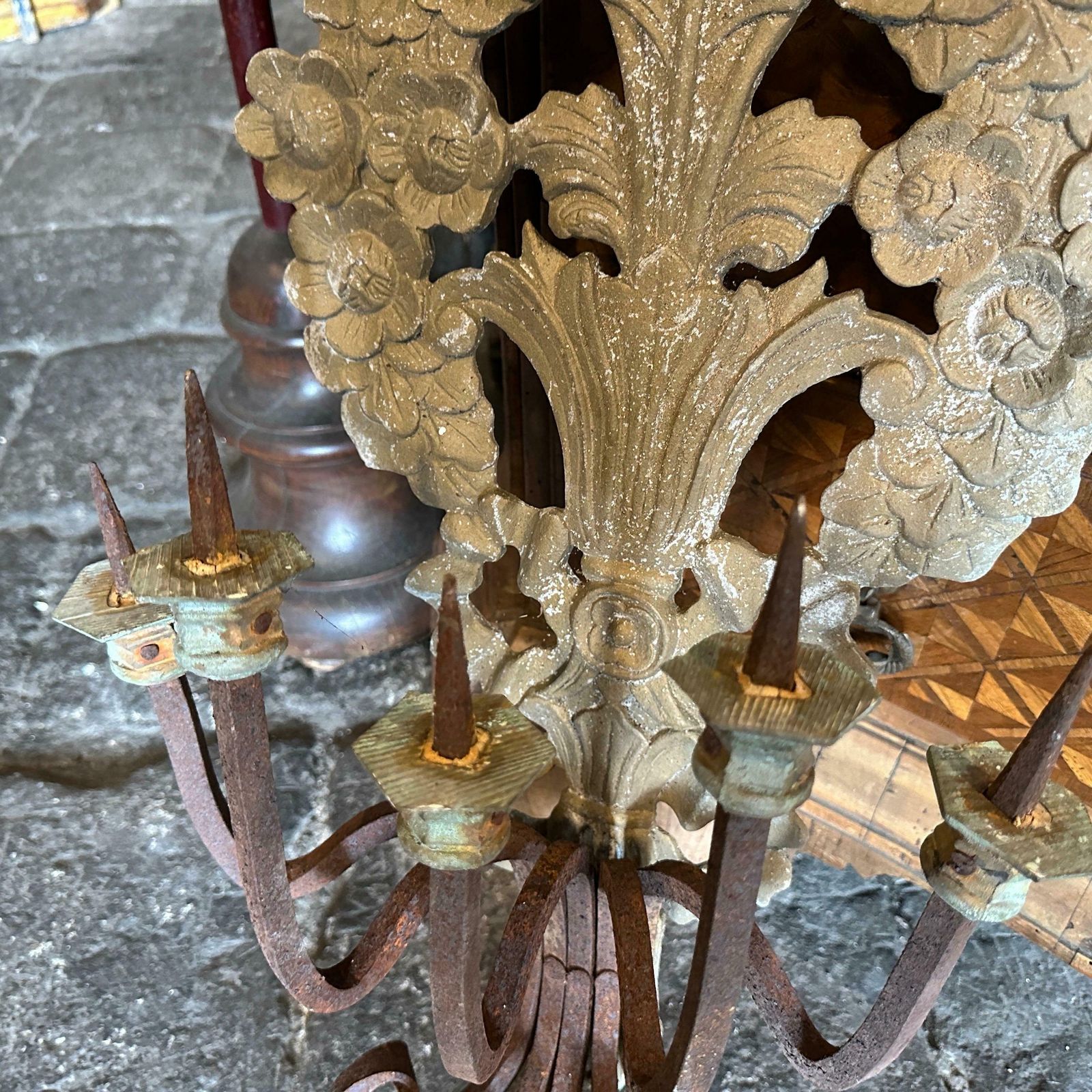 1900 Art Nouveau Iron And Wood Italian Chandelier Wall Sconce photo for sale