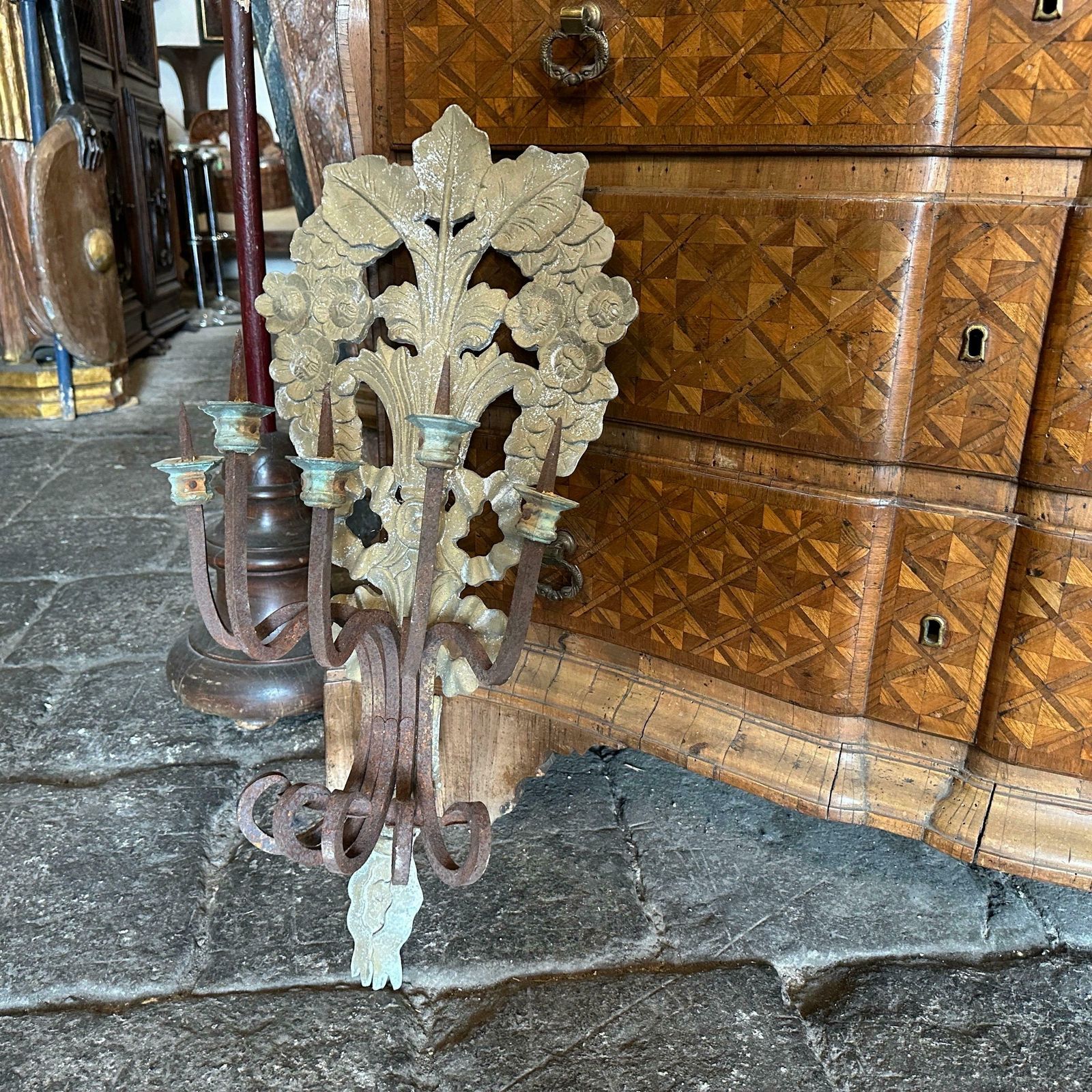 1900 Art Nouveau Iron And Wood Italian Chandelier Wall Sconce photo 697.0
