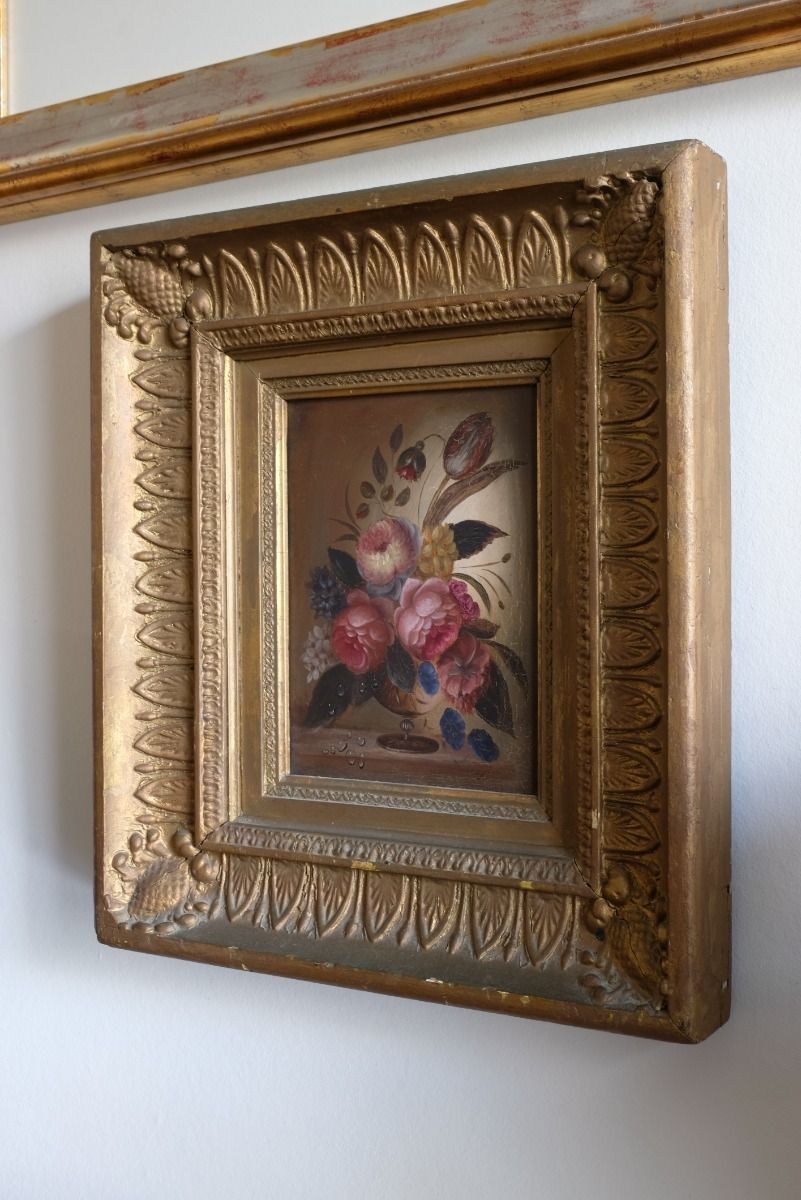 English School Oil On Board Still Life Of Garden Flowers photo vintage