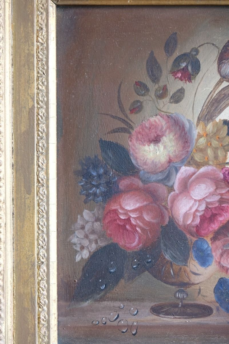 600.0 English School Oil On Board Still Life Of Garden Flowers photo