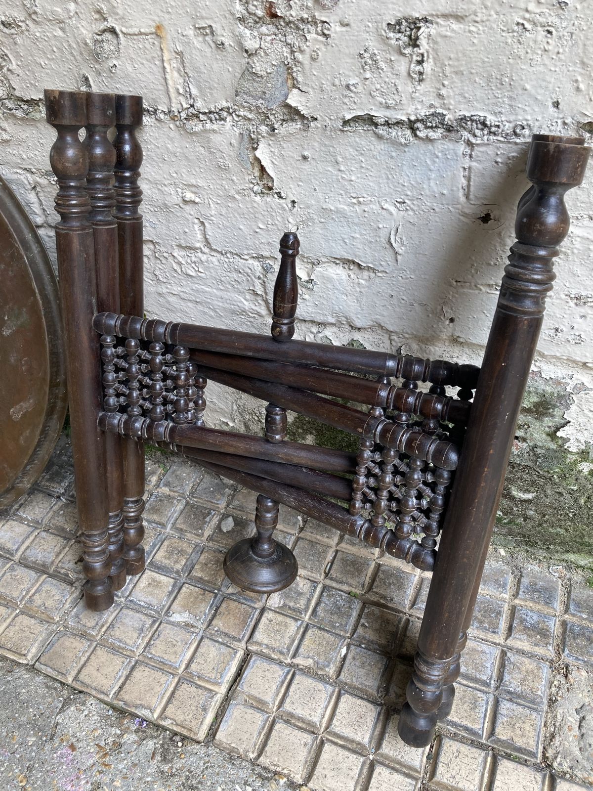 photo for sale 19thc Middle Eastern Carved And Turned Occasional Table With Brass Worked Top