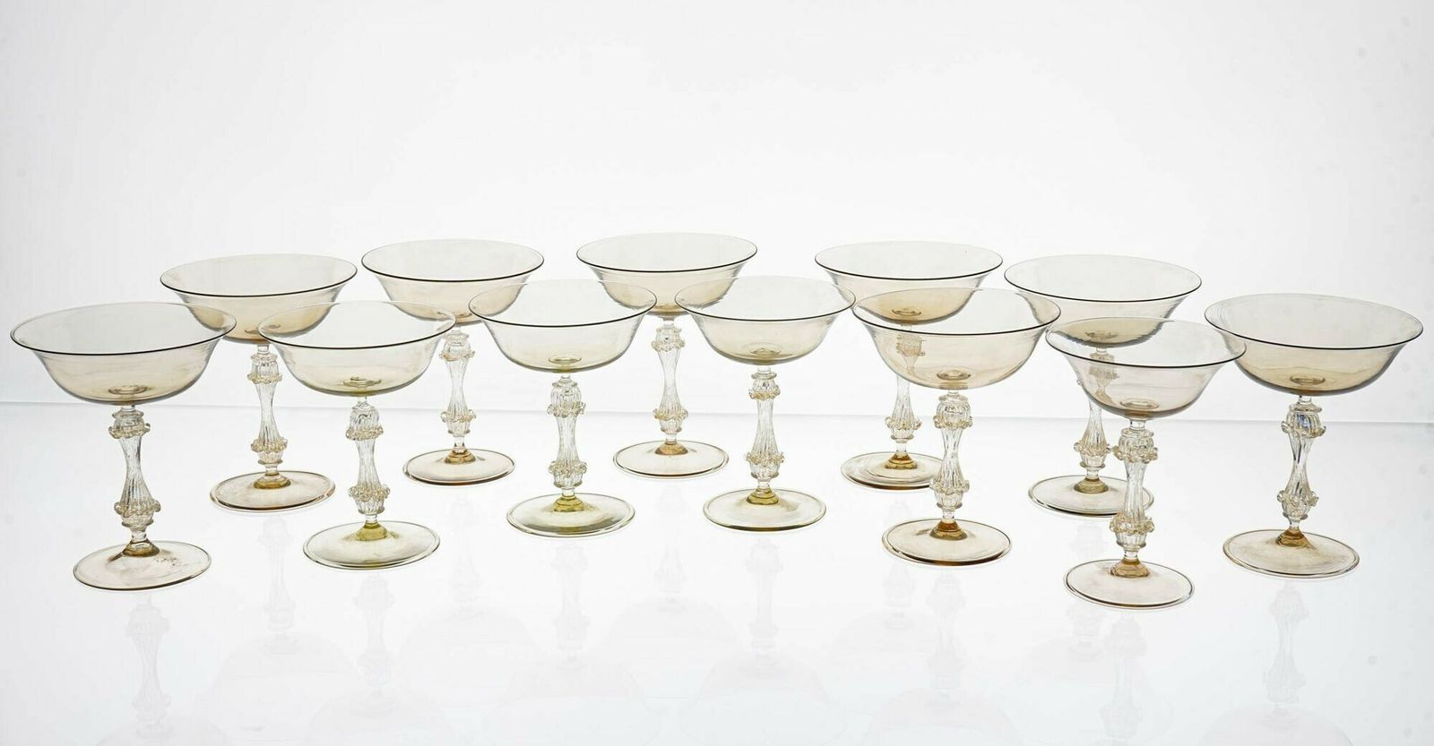 Rare Set Of 12 Classic Cenedese Fume And Gold Champagne Glass . Unique photo for sale