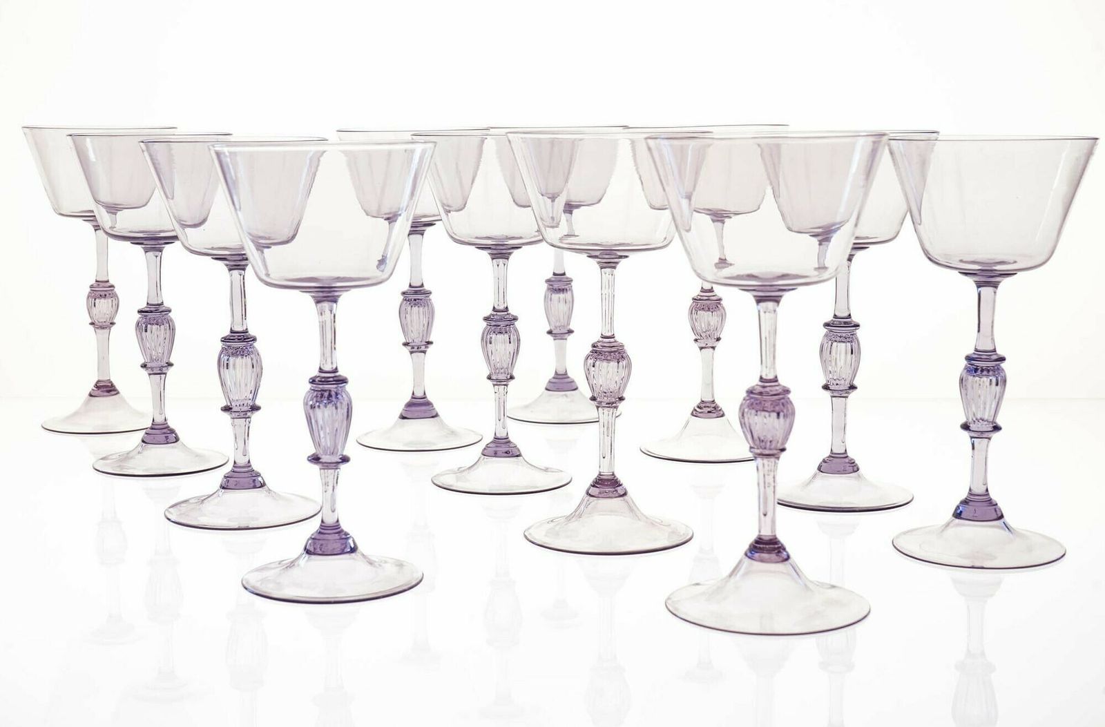 Twelve Cenedese Wine Glass Set, Cyclamen Colour. Murano Glass. Masterpieces