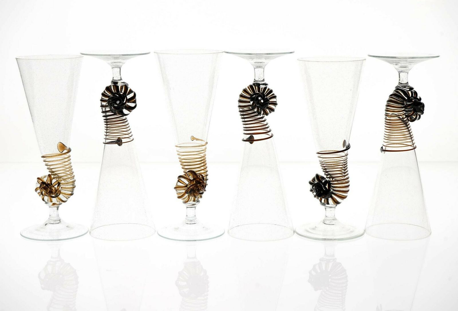 photo for sale Six Cenedese Nautilus Flutes Set, Brown Accent And Pulegoso Murano Glass Signed