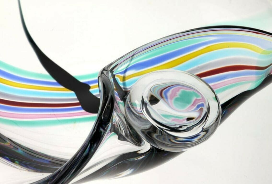 Livio Seguso, Heavy Murano Glass Bowl, Rainbow Design And Glass Orb, 80s Signed photo for sale