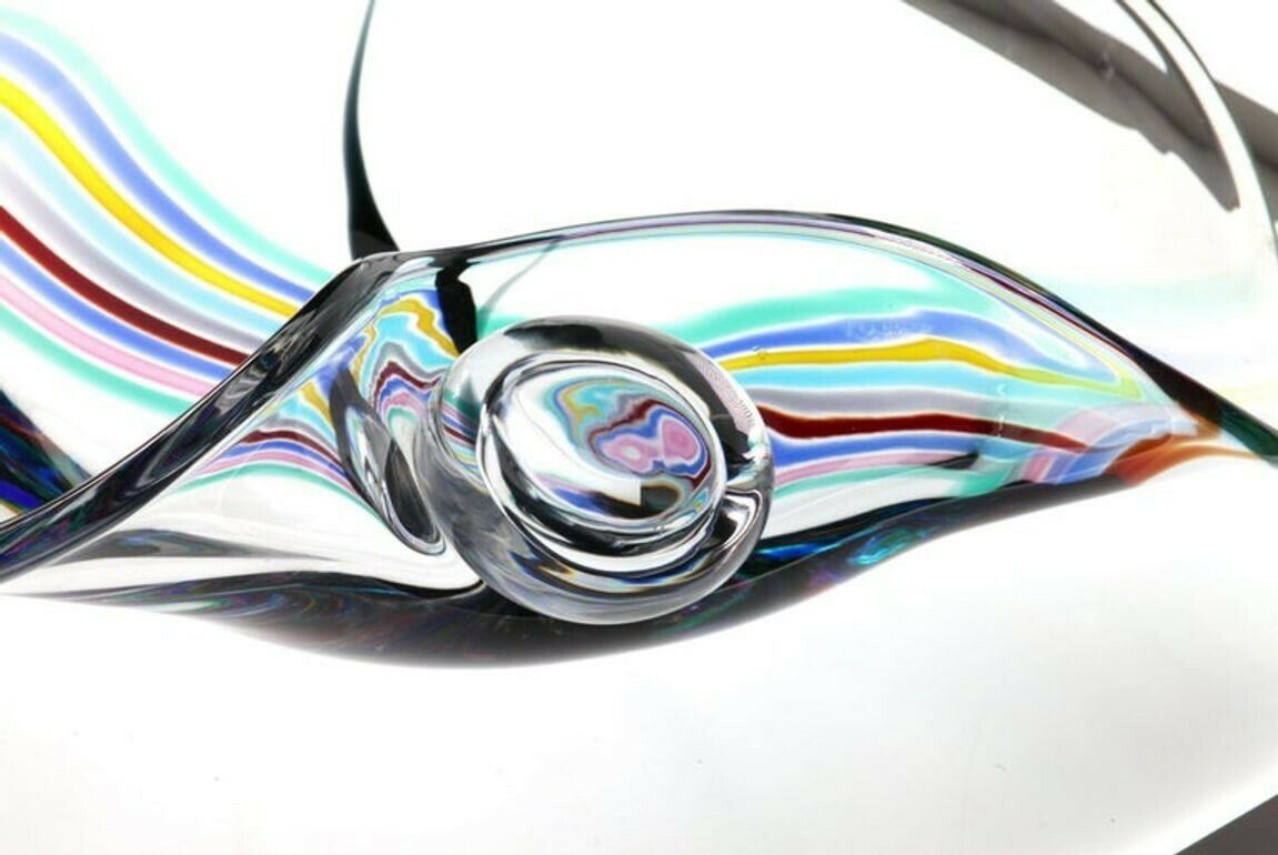 photo buy Livio Seguso, Heavy Murano Glass Bowl, Rainbow Design And Glass Orb, 80s Signed