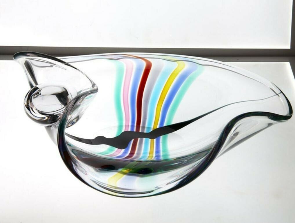 photo vintage Livio Seguso, Heavy Murano Glass Bowl, Rainbow Design And Glass Orb, 80s Signed