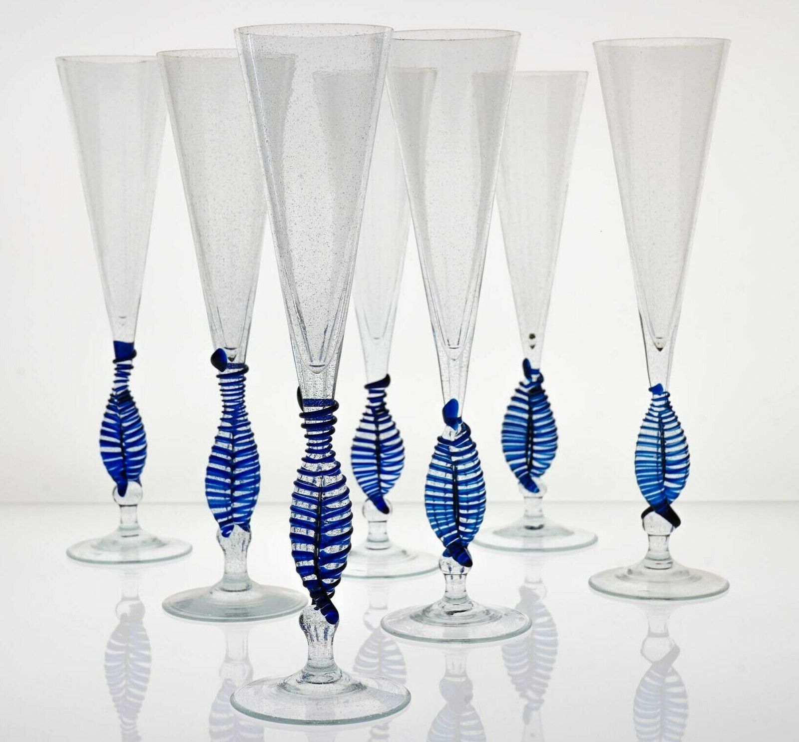 Set 7 Cenedese Ballerina Flutes, Cobalt Bead And Pulegoso Murano Glass, Signed