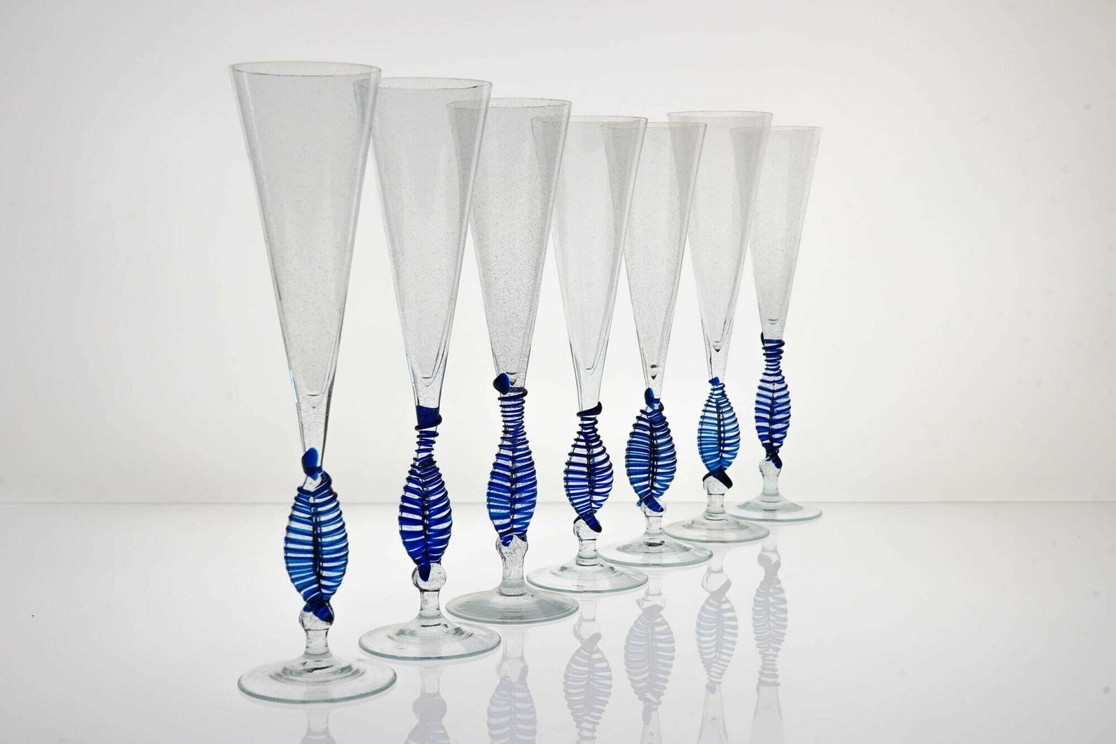 Set 7 Cenedese Ballerina Flutes, Cobalt Bead And Pulegoso Murano Glass, Signed photo 2100.0