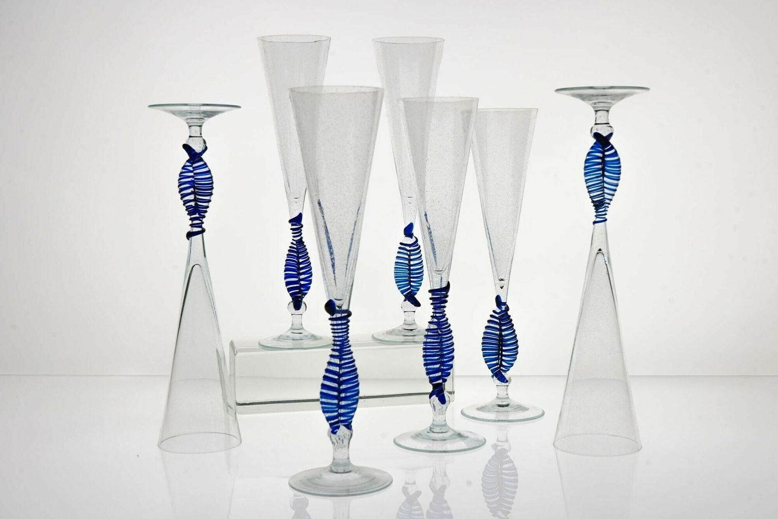 Home Decor Set 7 Cenedese Ballerina Flutes, Cobalt Bead And Pulegoso Murano Glass, Signed photo