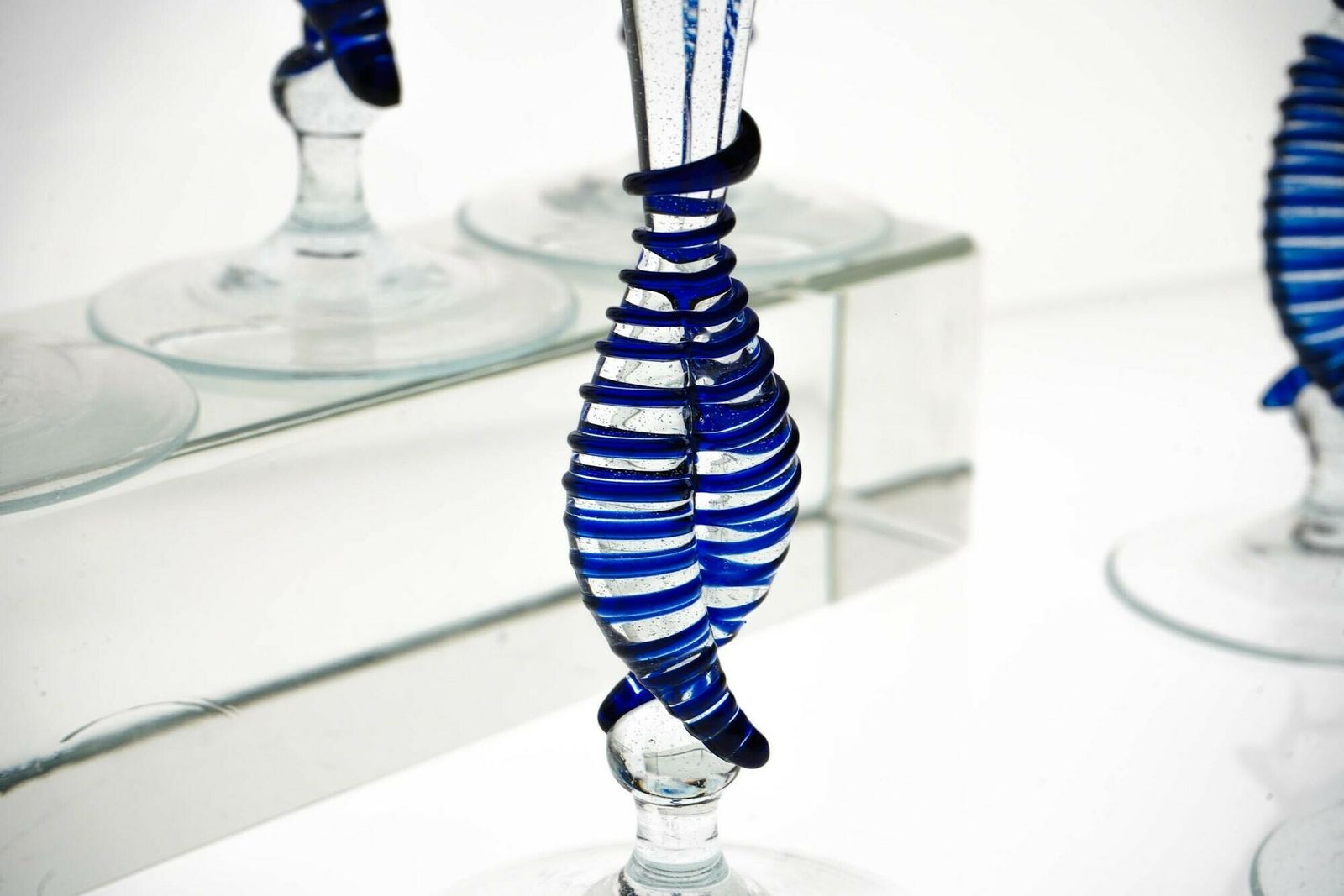2100.0 Set 7 Cenedese Ballerina Flutes, Cobalt Bead And Pulegoso Murano Glass, Signed photo