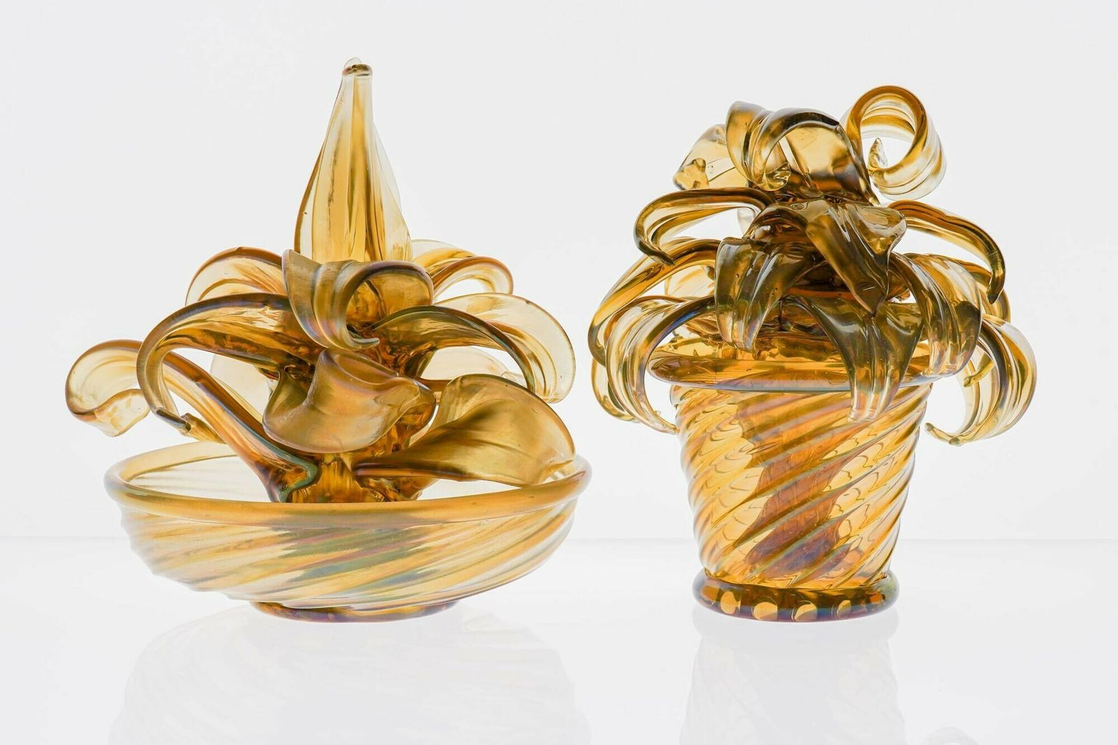 photo vintage Napoleone Martinuzzi , Two Cactus In Murano Iridescent Fume Vamsa Attribution