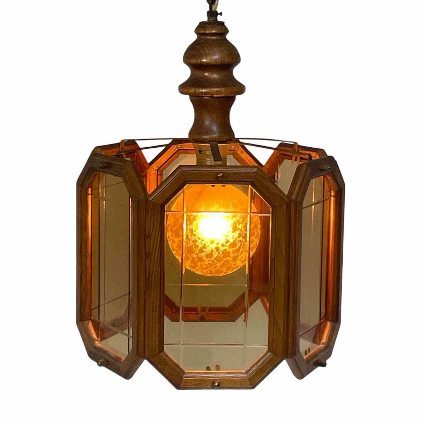 Ca. 1960's Ceiling Fixture   Dutch Made   With Oak Wood And Smoked Glass Panels photo for sale