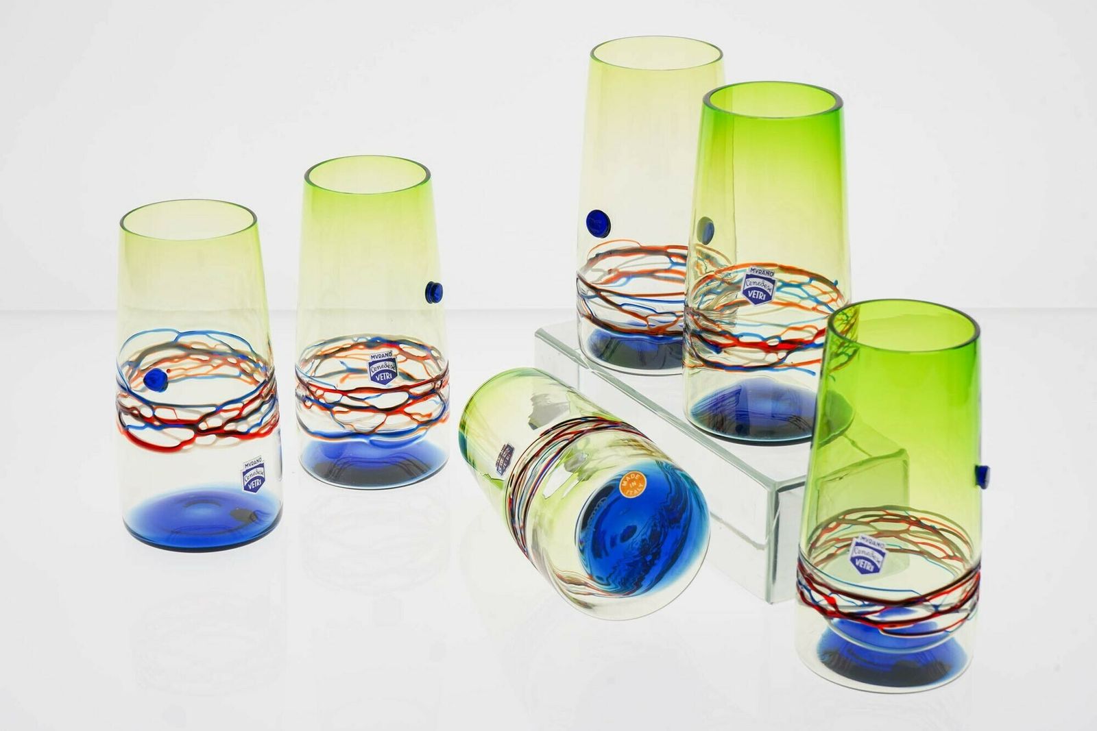 Unique Set Of 6 Murano Tumblers, Cenedese Murano 1960, Young Collection, Signed photo buy