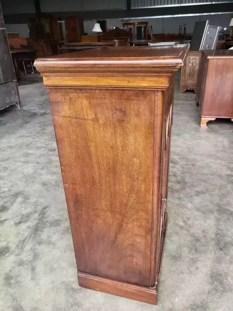 Antique Edwardian Small Inlaid Glazed Cabinet Fabric Curtain Shelves photo vinterior