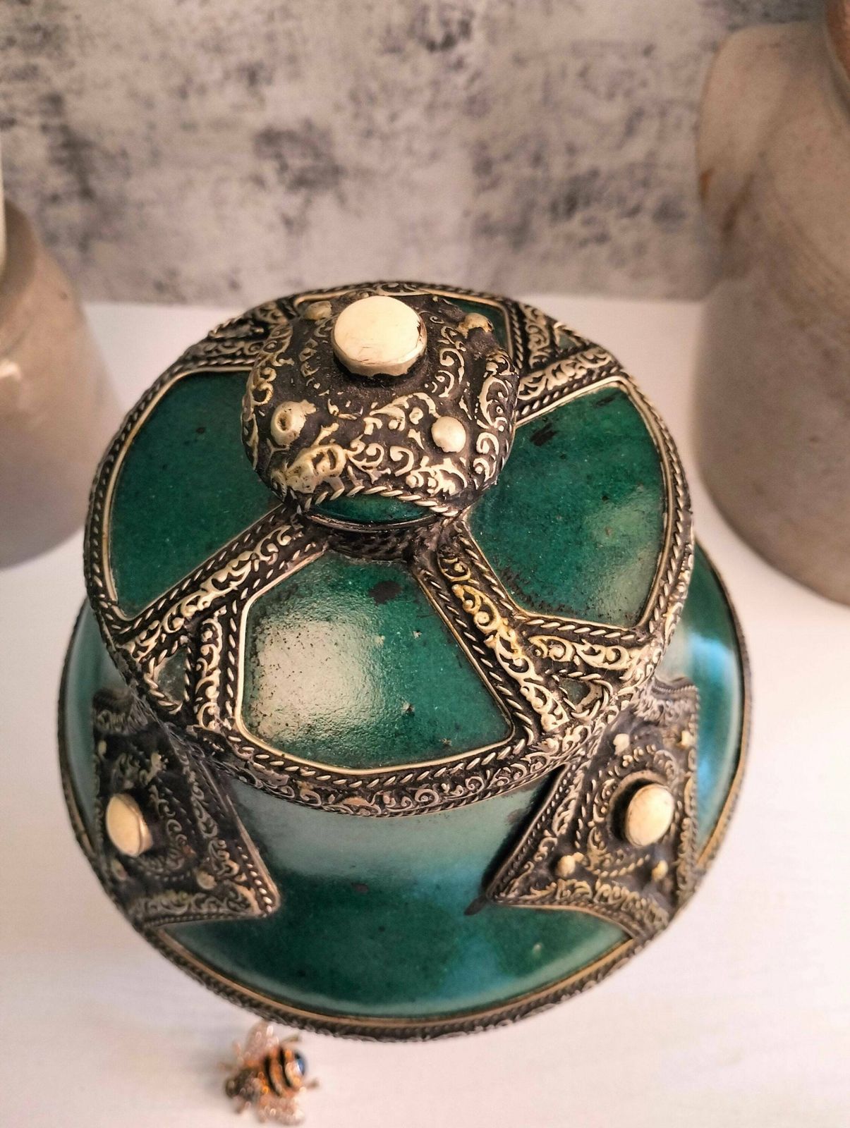 Antique Ceramic Bowl Inlaid With Metal And Bone   Pottery Storage Bowl   Moroccan Ceramic Storage Bowl   Ceramic Jewelry Box photo furniture