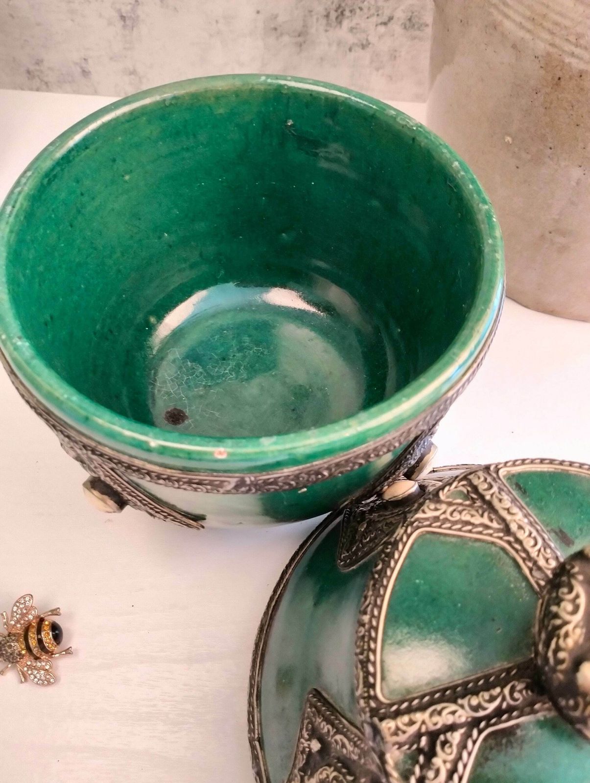 Antique Ceramic Bowl Inlaid With Metal And Bone   Pottery Storage Bowl   Moroccan Ceramic Storage Bowl   Ceramic Jewelry Box photo vinterior