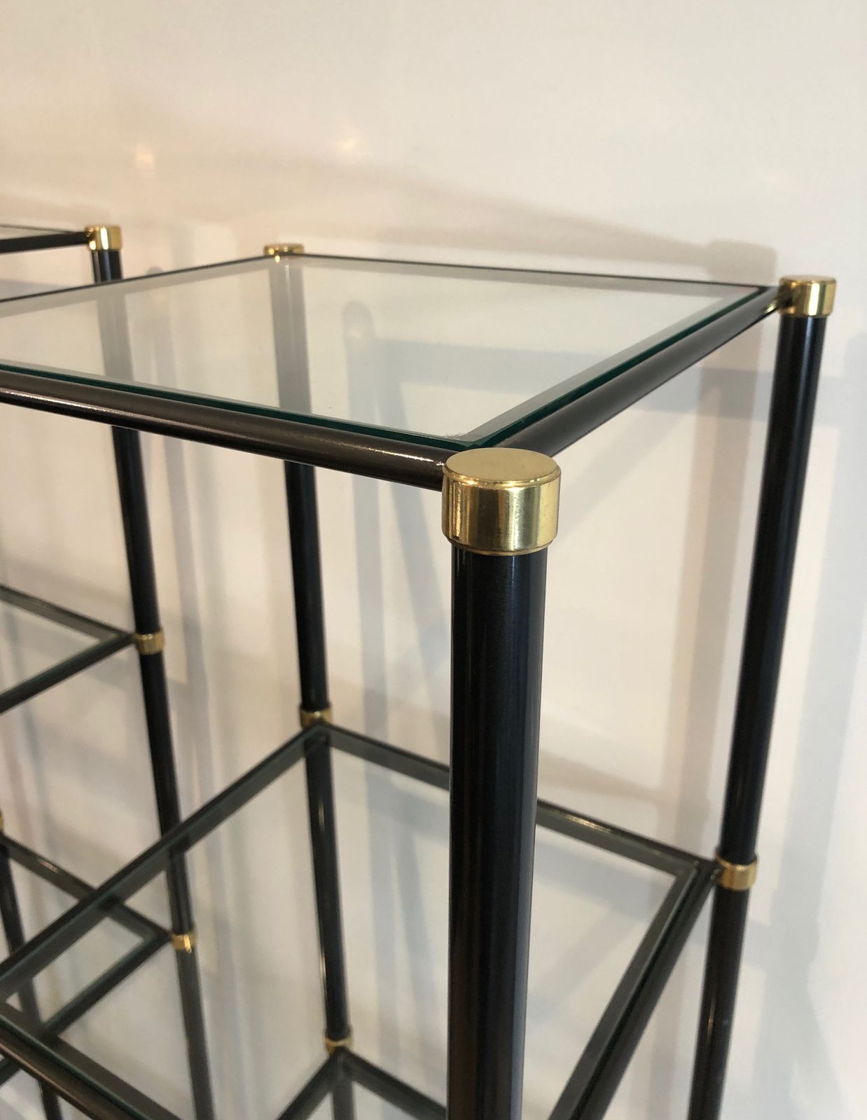 Pair Of Shelves In Black Lacquered Metal And Brass. Guy Lefèvre For Maison Jansen. Around 1970 photo 4850.0