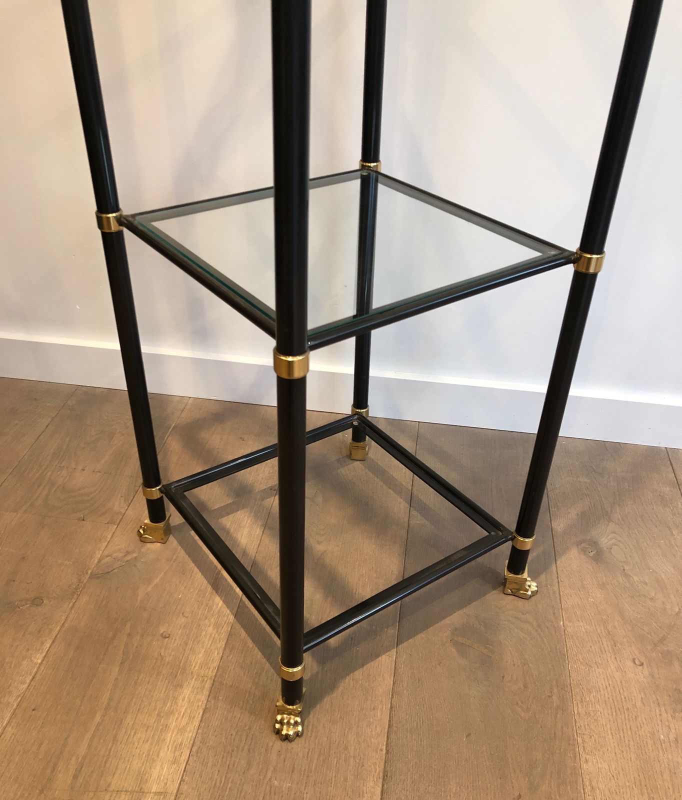 Pair Of Shelves In Black Lacquered Metal And Brass. Guy Lefèvre For Maison Jansen. Around 1970 photo buy