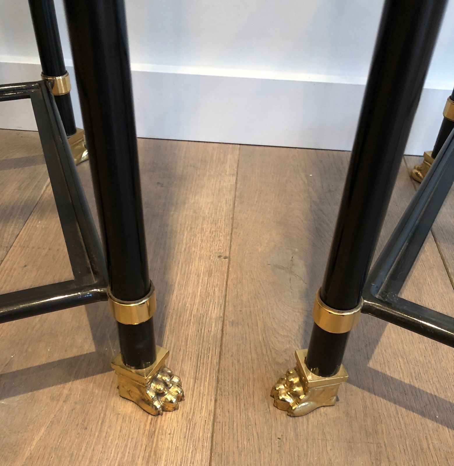 photo buy Pair Of Shelves In Black Lacquered Metal And Brass. Guy Lefèvre For Maison Jansen. Around 1970