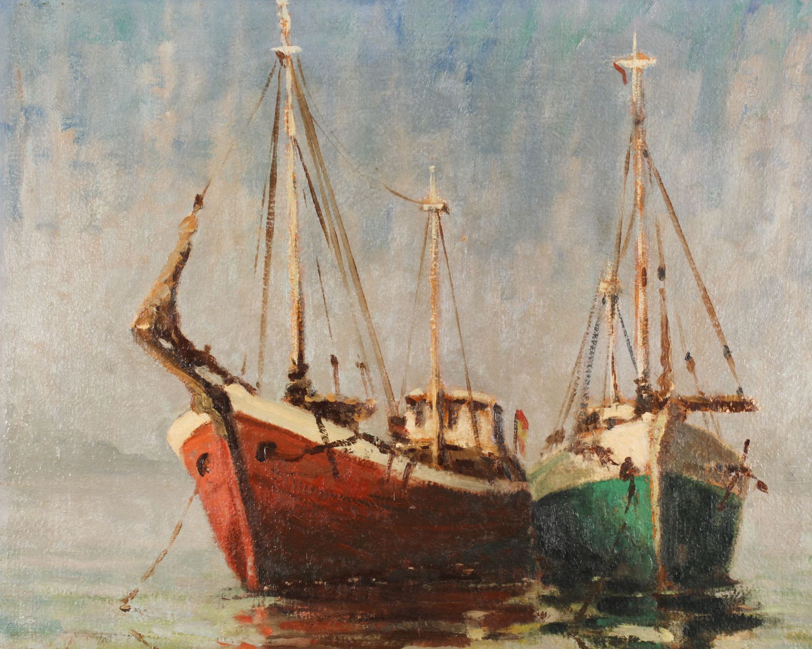 Vintage Oil Painting Of  Fishing Boats By Harold Edward Collin (1936 1973) photo for sale