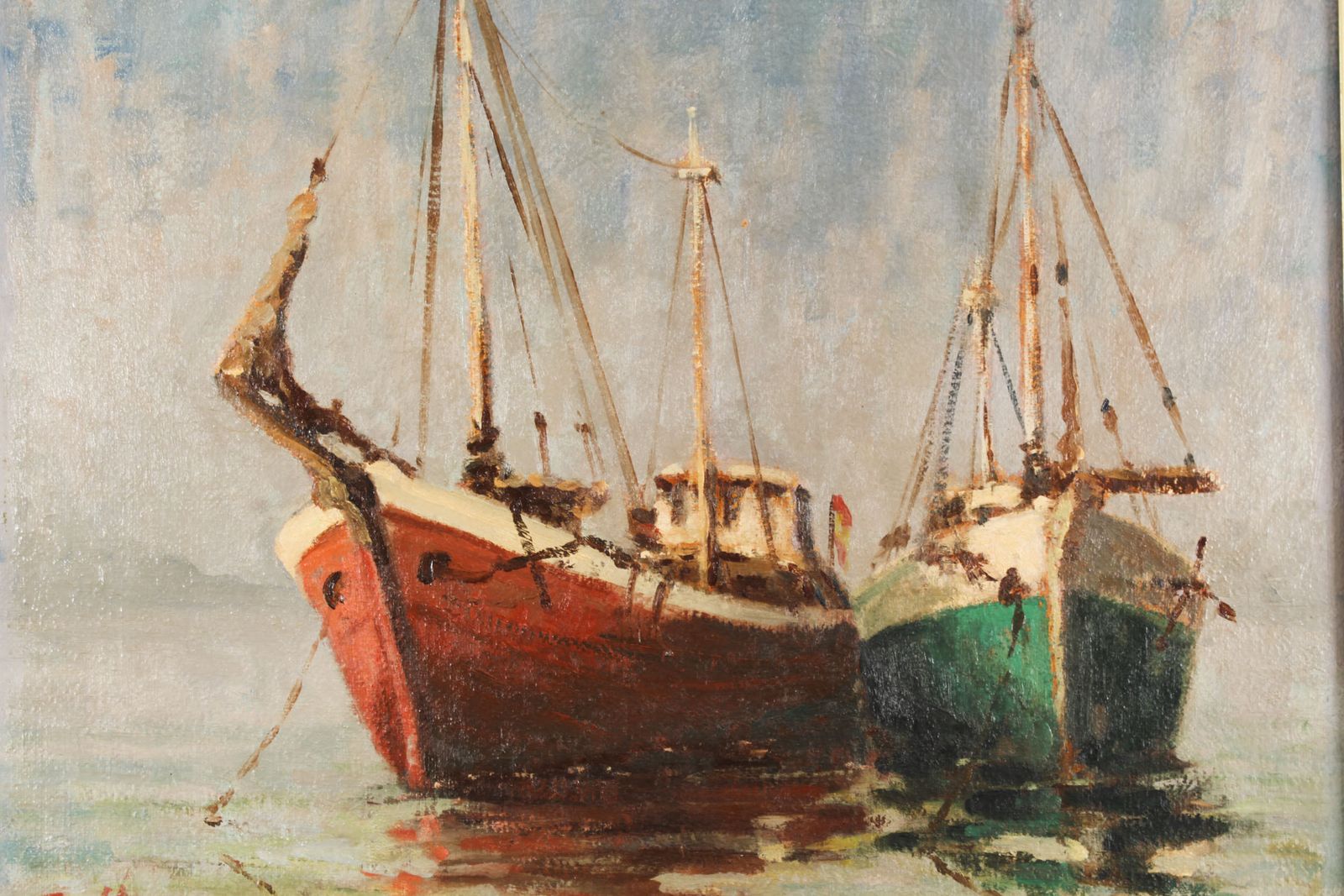 Vintage Oil Painting Of  Fishing Boats By Harold Edward Collin (1936 1973) photo Art
