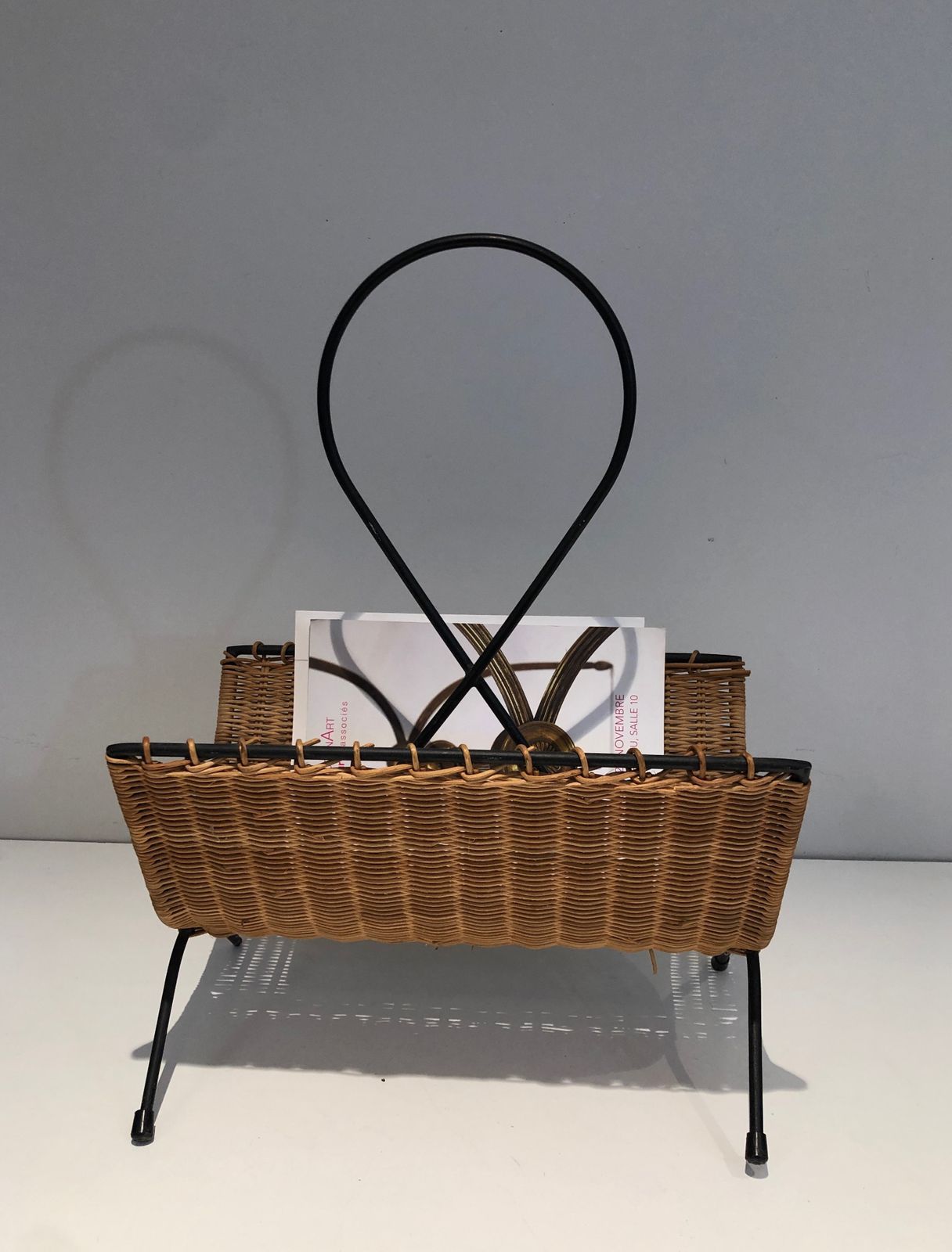 Rattan And Black Lacquered Metal Magazine Rack photo vintage