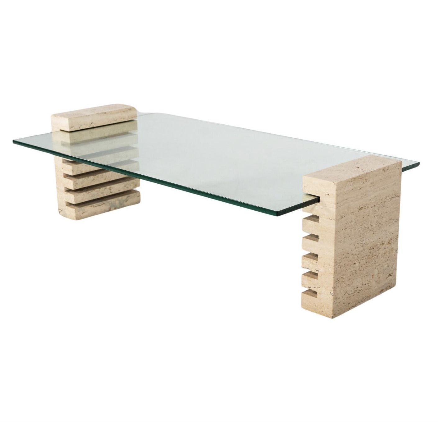 Mid Century Modern Coffee Table, Glass And Travertine, Italy, 1970s