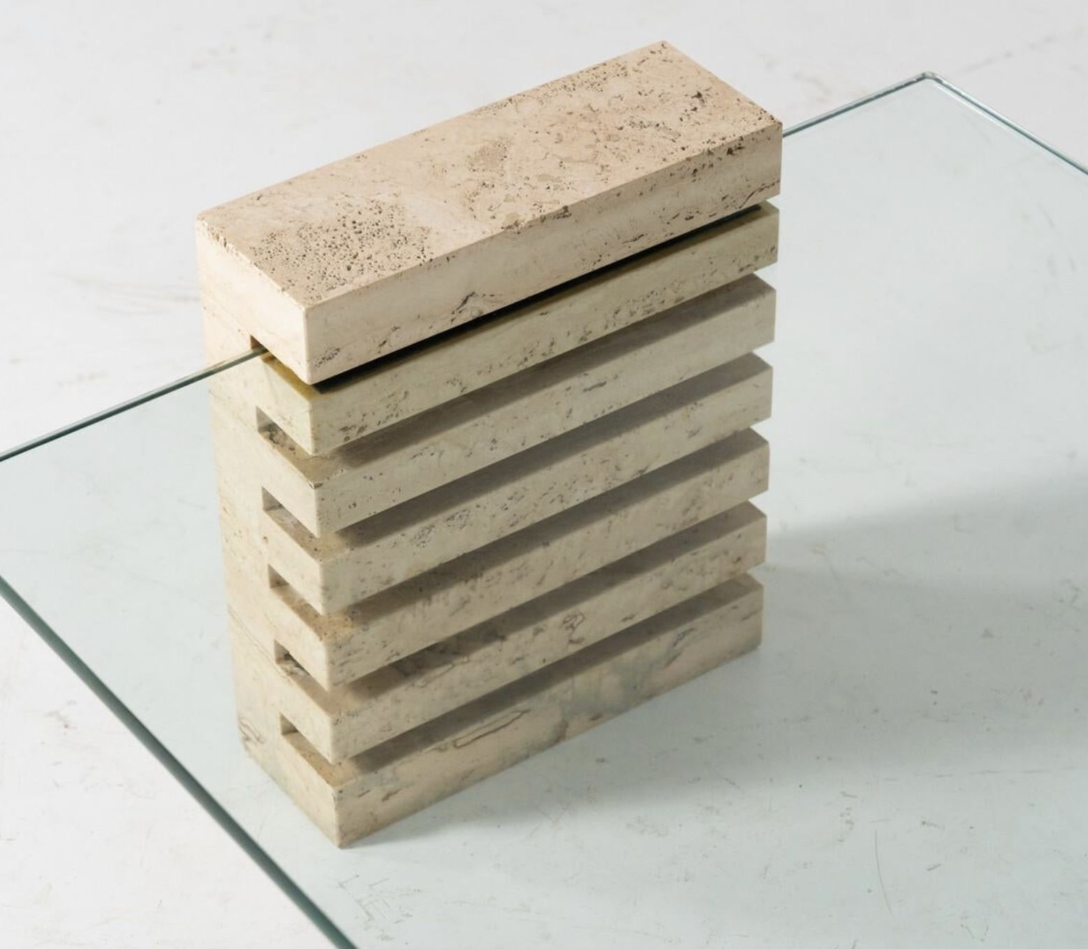 Mid Century Modern Coffee Table, Glass And Travertine, Italy, 1970s photo vinterior