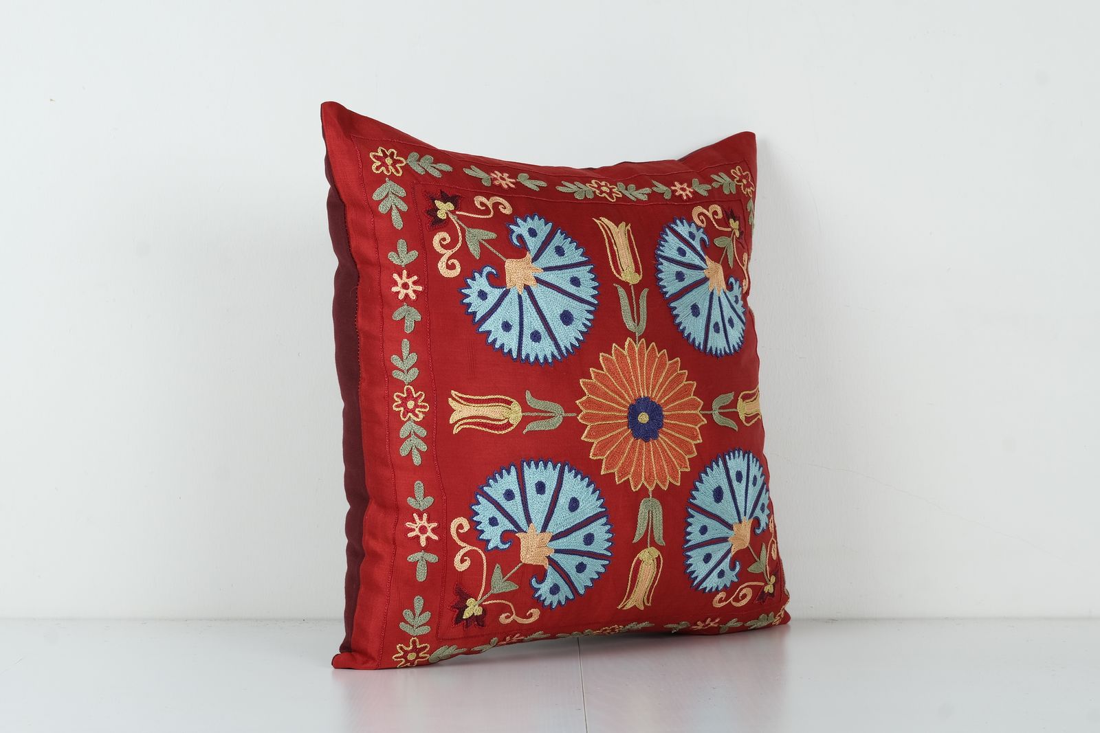 Uzbek Red Suzani Cushion Cover, Suzani Pillow Case Made From A 19th Century Suzani, Uzbekistan, Square  Cover photo for sale