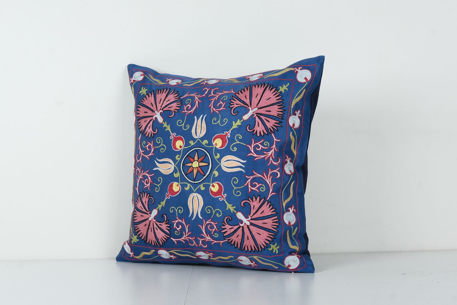 Embroidery Suzani Royal Blue Silk On Silk Pillow Fashioned From A Mid 20th Century Samarkand Suzani, Ethnic Boho Cushion Cover photo for sale