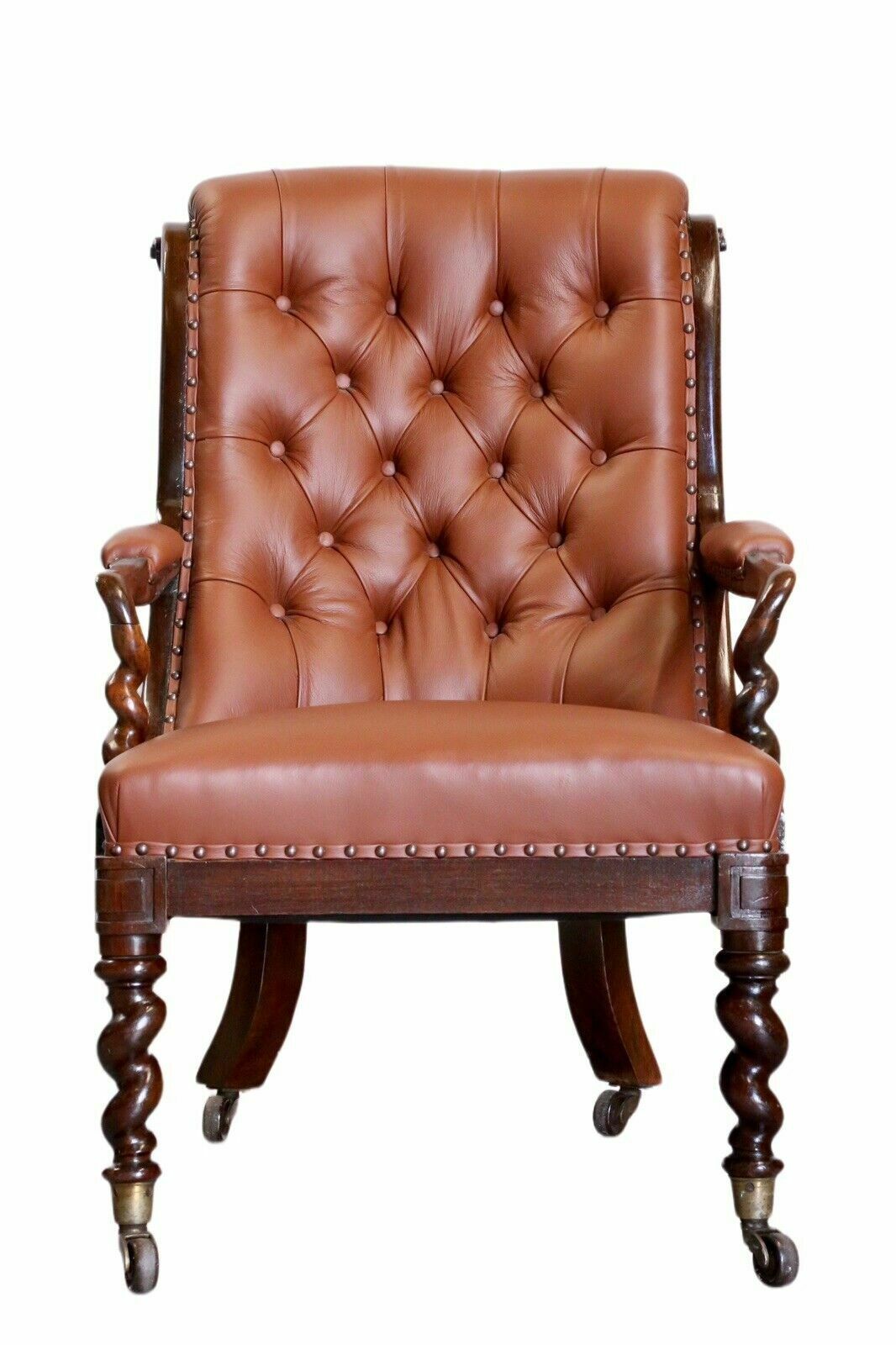 Fine Antique William IV Rosewood Barley Twist Tan Button Stud Leather Armchair