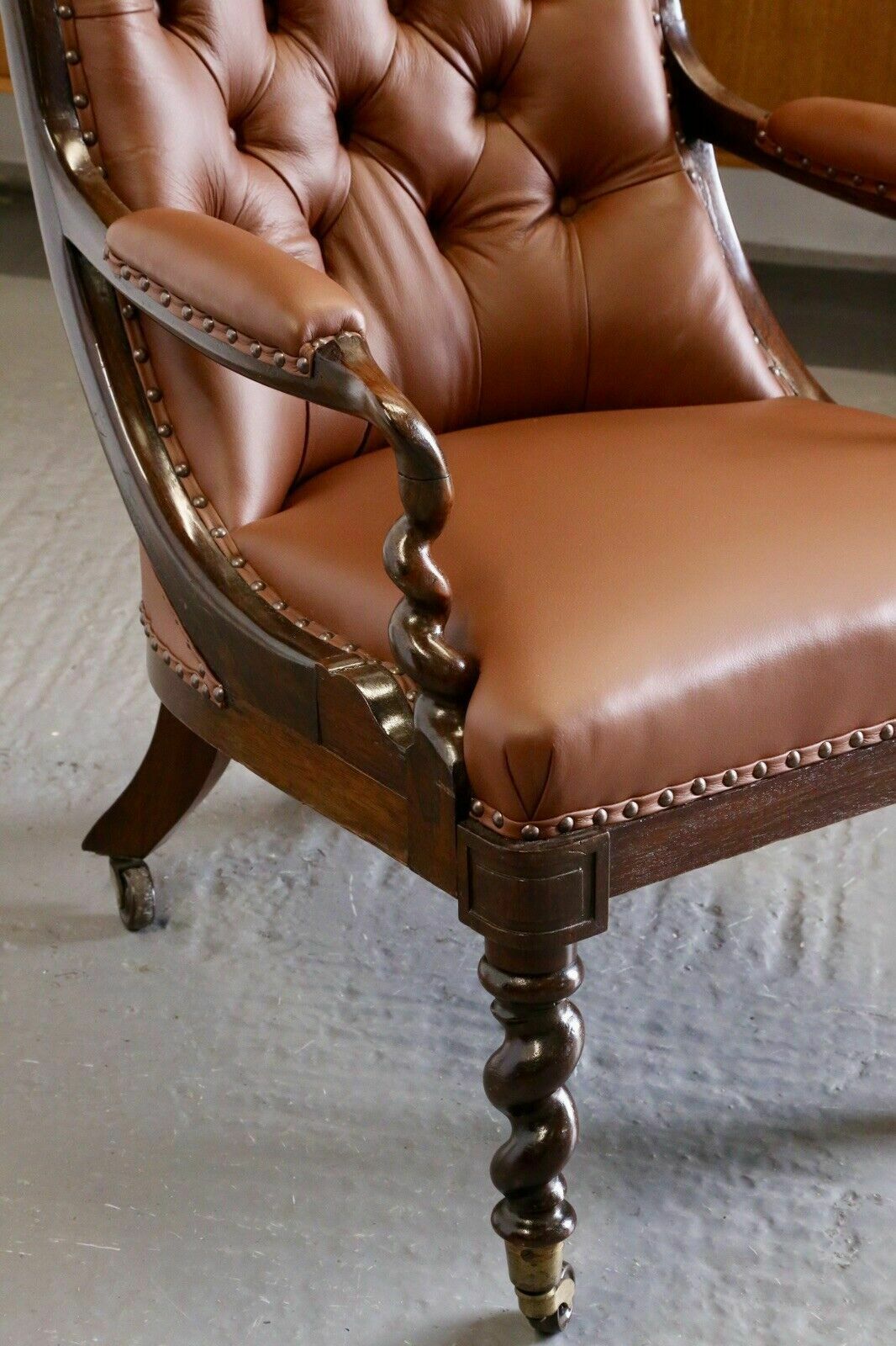 Fine Antique William IV Rosewood Barley Twist Tan Button Stud Leather Armchair photo vintage