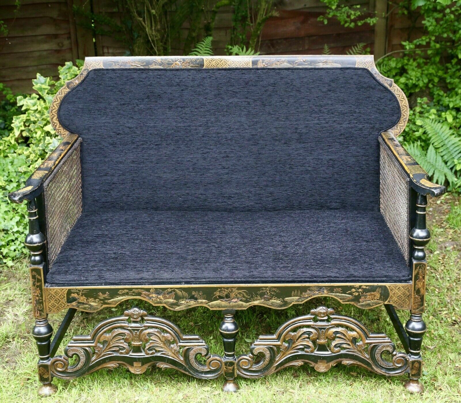 Liberty Of London Style Black Lacquered Chinoiserie 2 Seater Sofa photo vintage