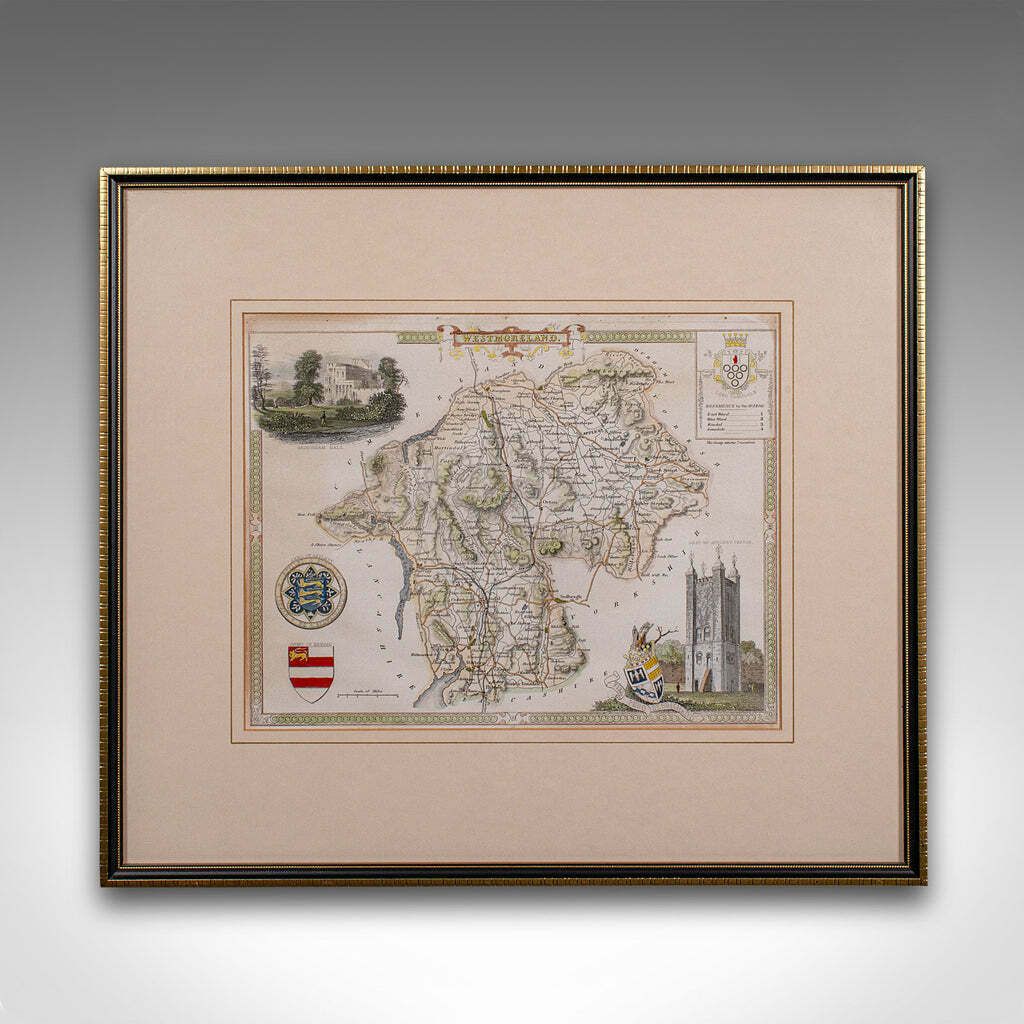 Antique Lithography Map, Westmoreland, English, Framed, Cartography, Victorian photo furniture