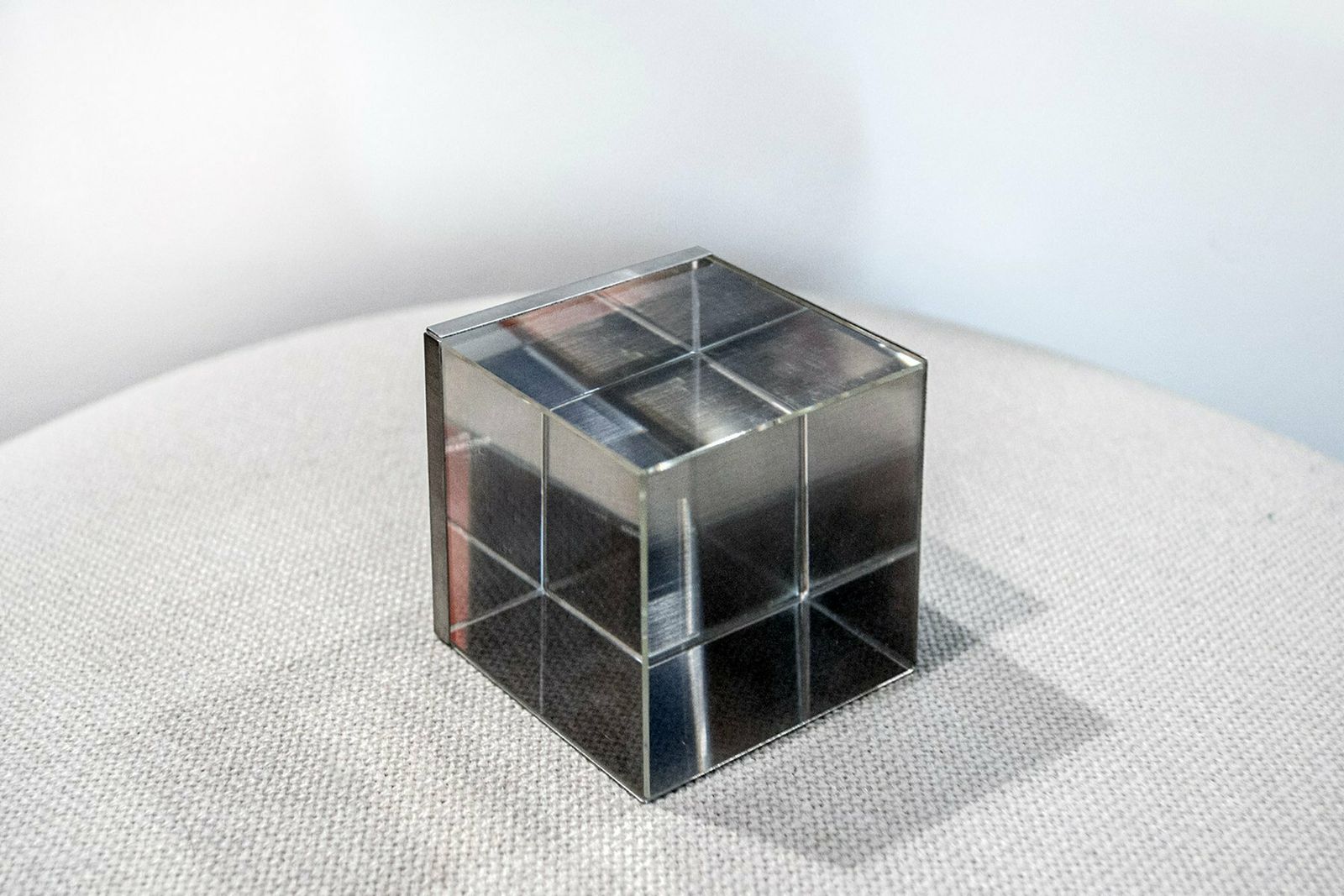 Glass And Stainless Steel Cubic Paperweight Frame By Bob Cornell, 1970s