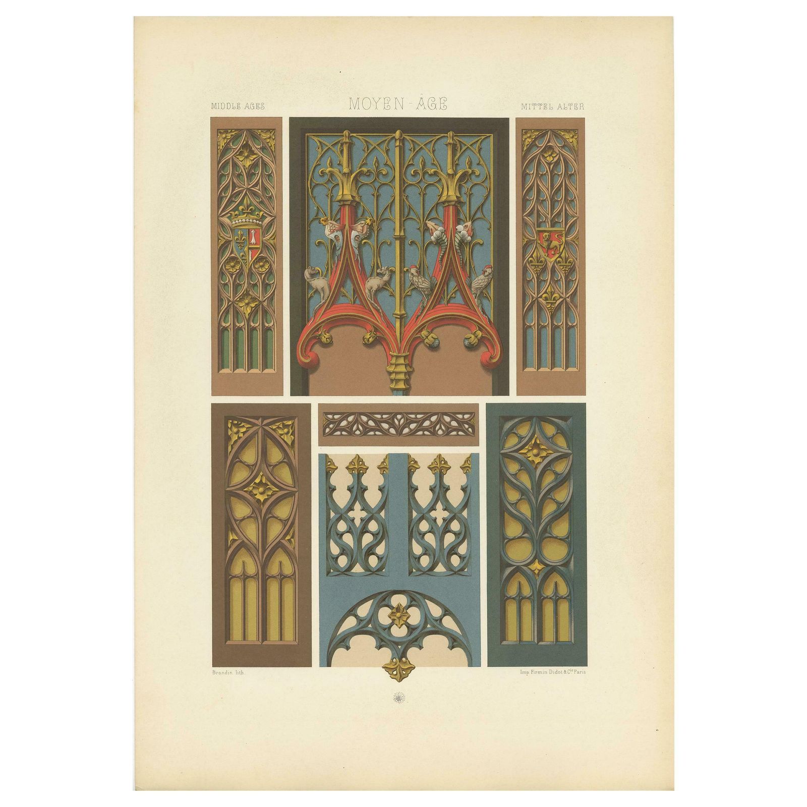 Pl. 61 Antique Print Of Middle Ages Painted & Gilt Woodwork, Racinet, Circa 1890