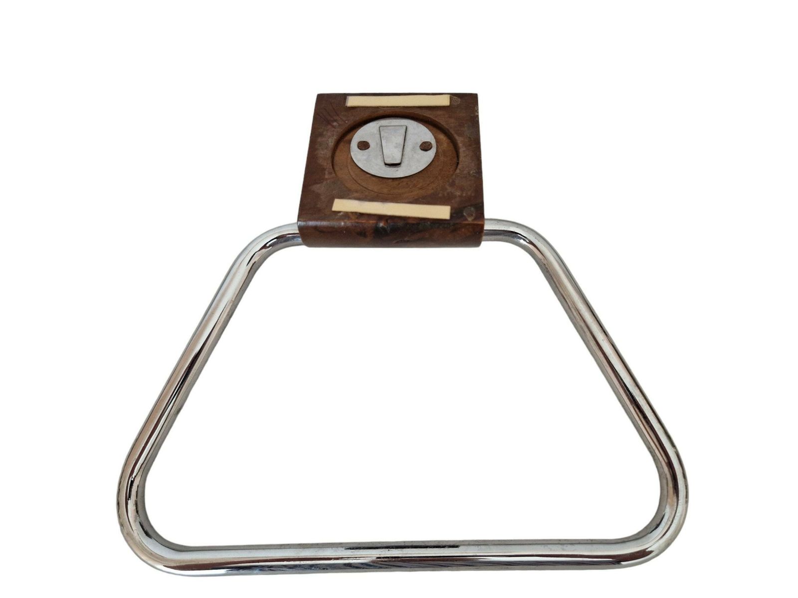 photo for sale 1970s Chrome And Wood Towel Ring, Minimalist Bathroom Wall Decor